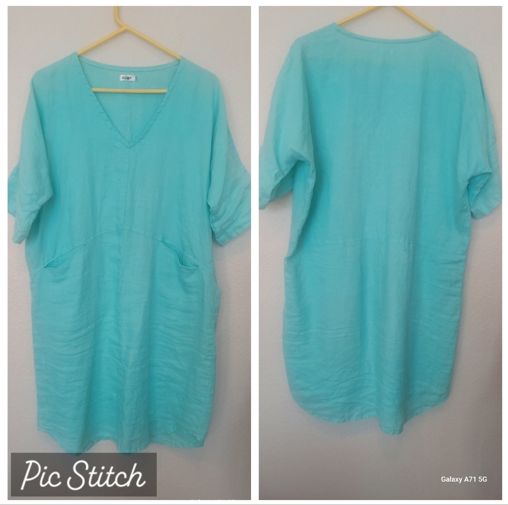 Coco Rose Turquoise Blue V-Neck Dress 3/4 Sleeve -One Size